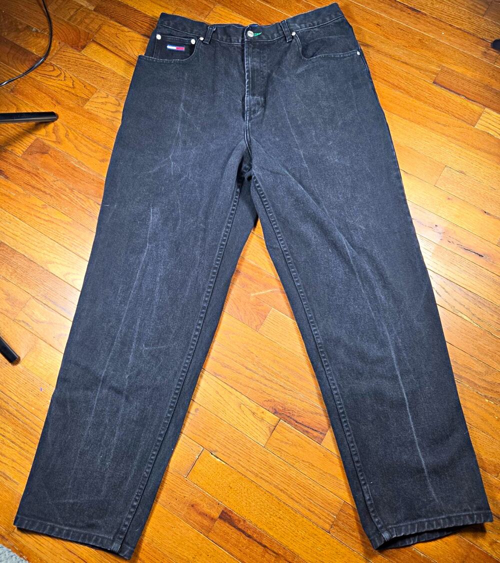 Vintage Tommy Hilfiger Jeans Mens 36x32 Black Denim 90s Y2K Flag Baggy Fit